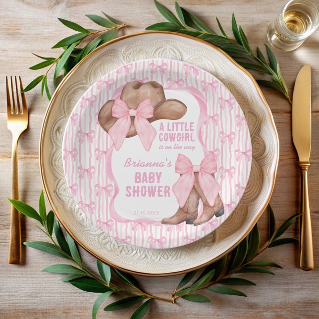 Prato De Papel Chá de fraldas das raparigas arco rosa-taquinha (Cowgirl pink bow ribbon coquette western girls baby shower personalized paper plates cowgirl decor)