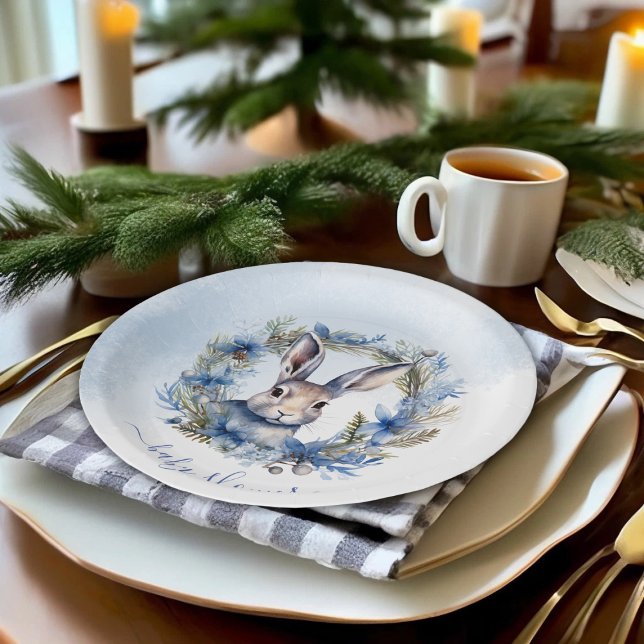 Prato De Papel Chá de fraldas de Aquarela de Inverno (Winter Hare Watercolor Baby Shower Paper Plates)