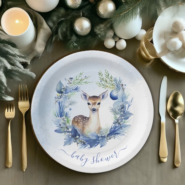 Prato De Papel Chá de fraldas de Aquarela de Veado Inverno (Winter Deer Watercolor Baby Shower Paper Plates)