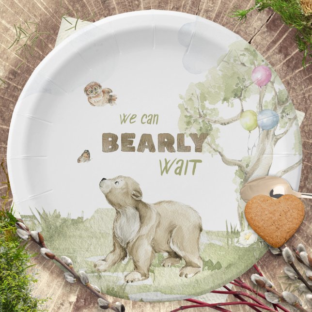 Prato De Papel Chá de fraldas de Aquarela do Urso Curto de Espera (Watercolor Woodland Bearly Wait Baby Shower Paper Plates ©Susanne Sachers - Sunny Mind Design 🌞)