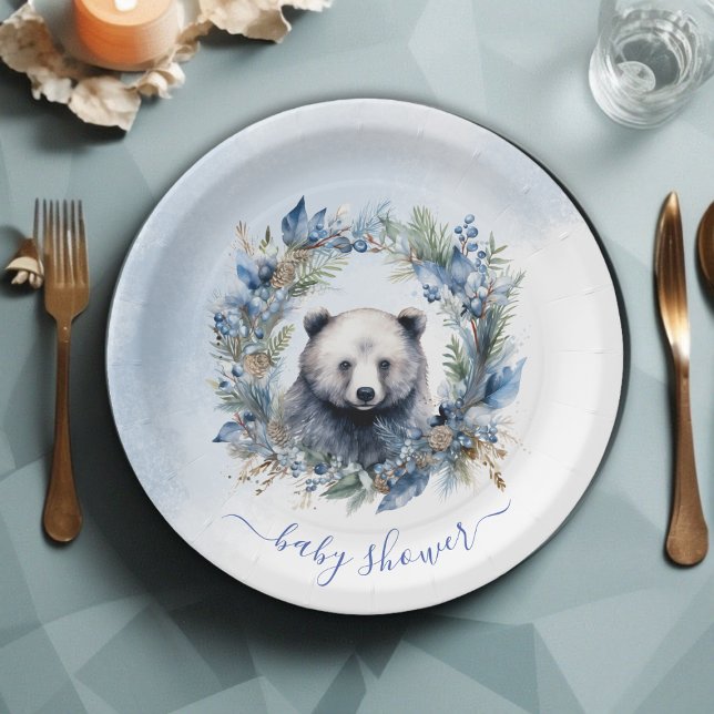 Prato De Papel Chá de fraldas de Aquarela do Urso Inverno (Winter Bear Watercolor Baby Shower Paper Plates)
