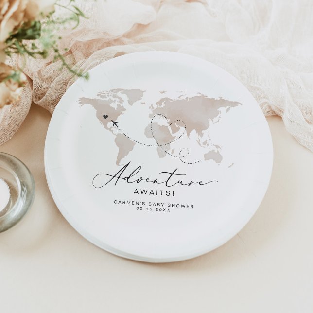 Prato De Papel CHÁ DE FRALDAS de Aventura de Mapa de Beige da CAR (Beige watercolor world map "adventure awaits" baby shower paper plate)
