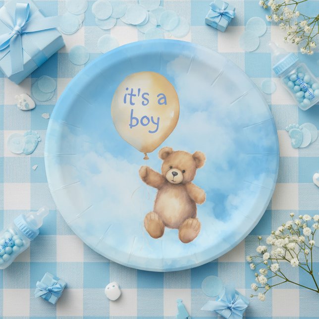 Prato De Papel Chá de fraldas de balão flutuante de ursinho (Cute teddy bear floating balloon baby shower paper plates.)