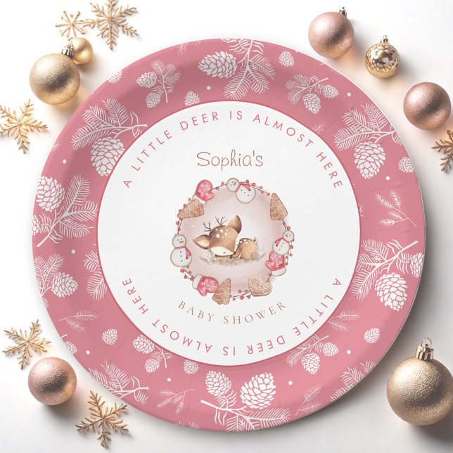 Prato De Papel Chá de fraldas de cervejeira rosa-branca de Natal (Christmas Cute Pink Deer Girl Baby Shower Paper Plates)