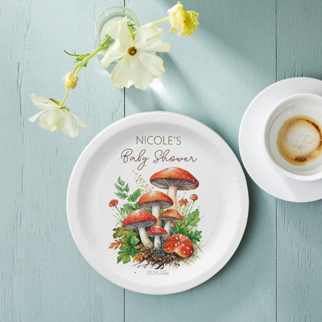 Prato De Papel Chá de fraldas de cogumelos florestais selvagens (Wild forest red mushrooms green fern baby shower printed paper plates template custom  table decor)