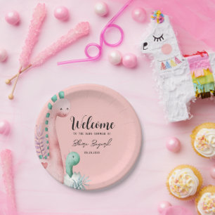 Prato De Papel Chá de fraldas de Dinossauros Rosa e Teal