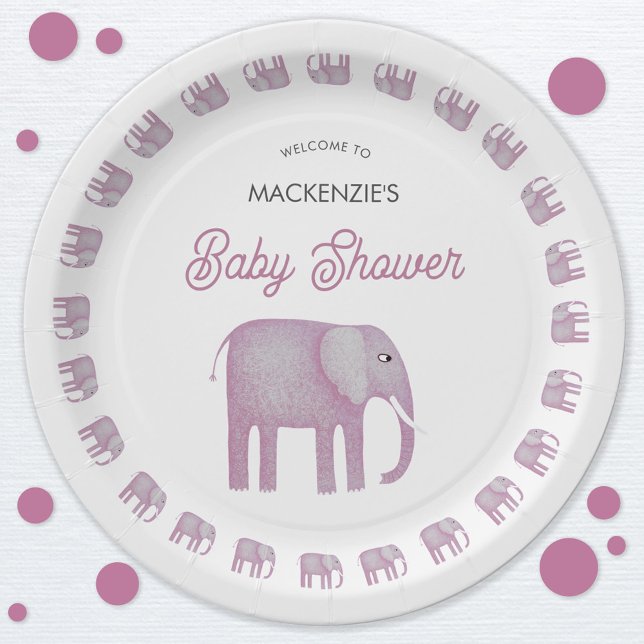 Prato De Papel Chá de fraldas de Elefante Rosa (Pink watercolor elephant baby shower paper party plate)