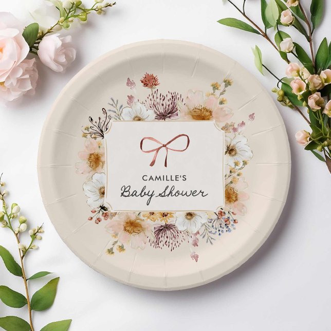 Prato De Papel Chá de fraldas de flor selvagem (Rustic boho floral baby shower paper plates)