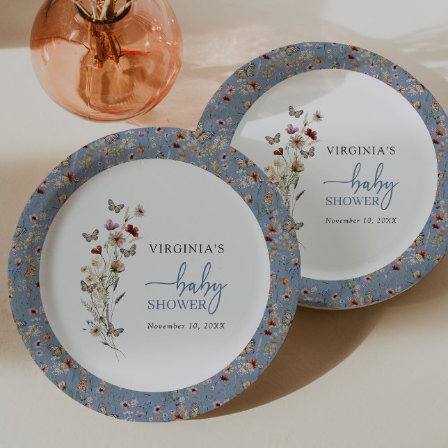 Prato De Papel Chá de fraldas de flor selvagem azul (Dusty Blue Boho Wildflower Baby Shower Paper Plates by Painted Paperie
)