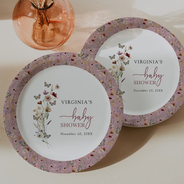 Prato De Papel Chá de fraldas de flor selvagem rosa (Dusty Pink Wildflower Baby Shower Paper Plates by Painted Paperie
)