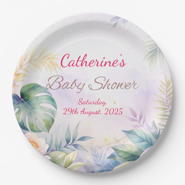 Prato De Papel Chá de fraldas de Flores Tropicais de Data e Nome  (Frente)