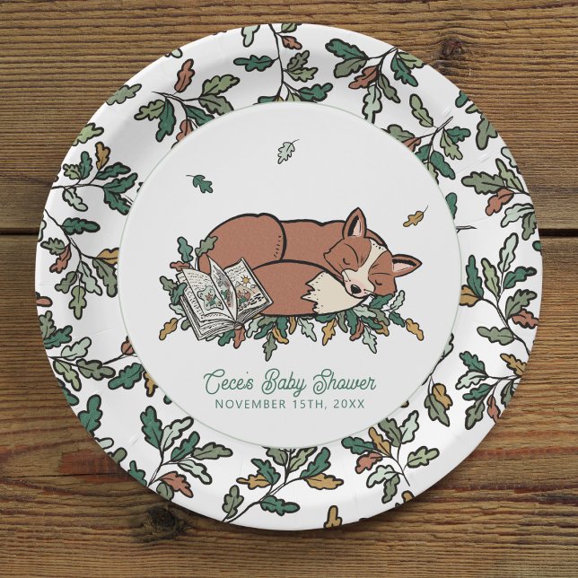 Prato De Papel Chá de fraldas de Fox do Storybook Woodland (Woodland Storybook Baby Shower Paper Plates)