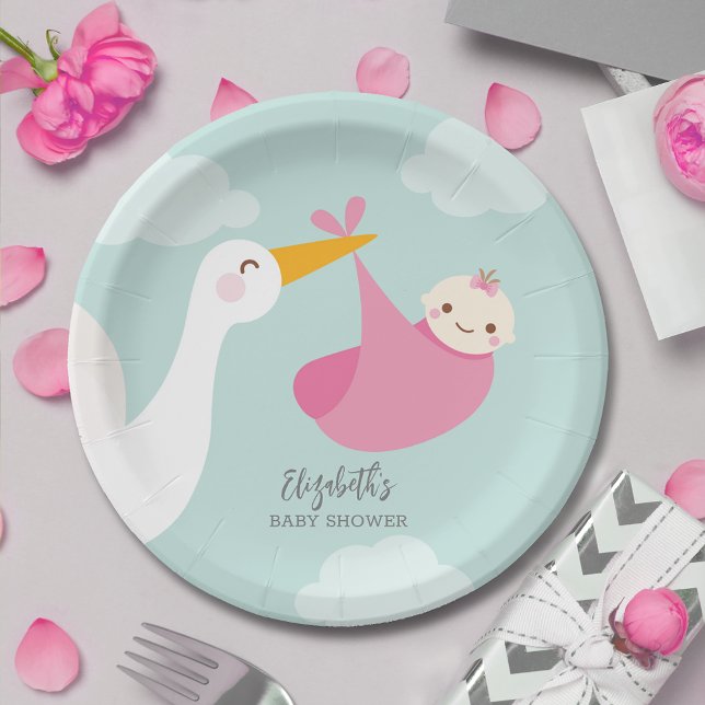 Prato De Papel Chá de fraldas de Garota do Pacote de Tempestade (Stork Pink Bundle Girl Baby Shower Paper Plates)