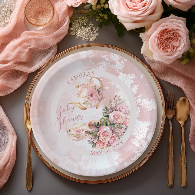 Prato De Papel Chá de fraldas de Garota Floral Elegante Rosa Alta (Elegant Pink Roses Floral High Tea Teapot and Teacup Girl Baby Shower Paper Plates)