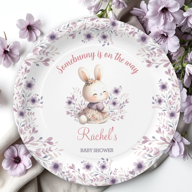 Prato De Papel Chá de fraldas de Garota Floral Rosa Púrpura e Bon (Cute Bunny Purple Pink Floral Girl Baby Shower Paper Plates)