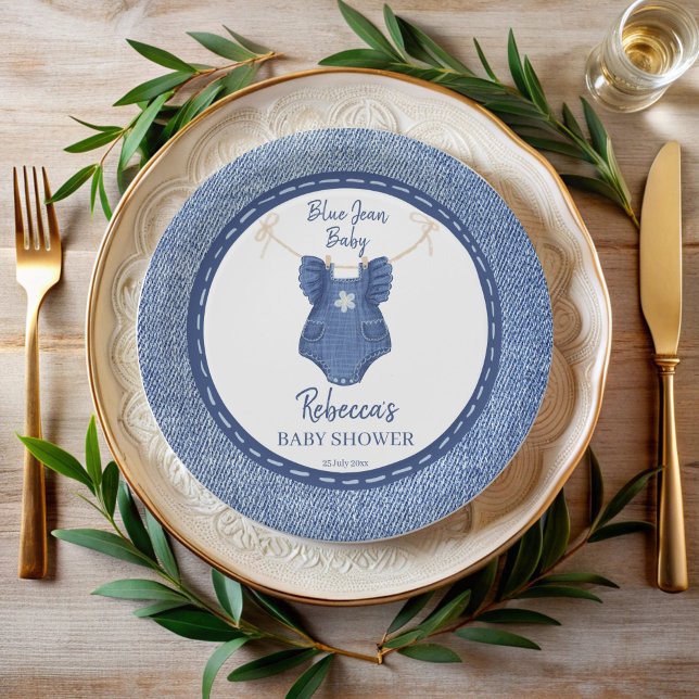 Prato De Papel Chá de fraldas de garotas jeans azul personalizado (Blue jean baby girls denim preppy baby shower monogrammed paper plates personalized table decor)