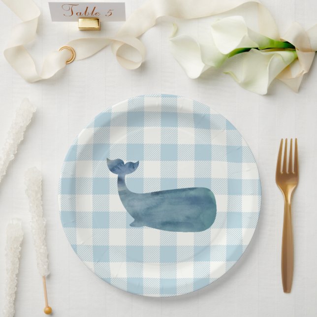 Prato De Papel Chá de fraldas de Gingham Azul de Baleia (Casamento)