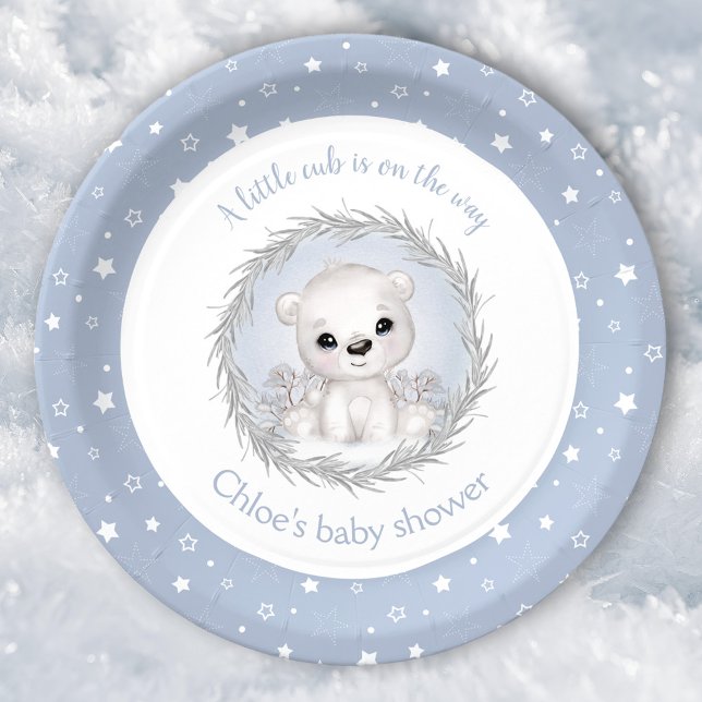Prato De Papel Chá de fraldas de inverno do Urso Polar Bonito (Cute Polar Bear Winter Boy Baby Shower Paper Plates)