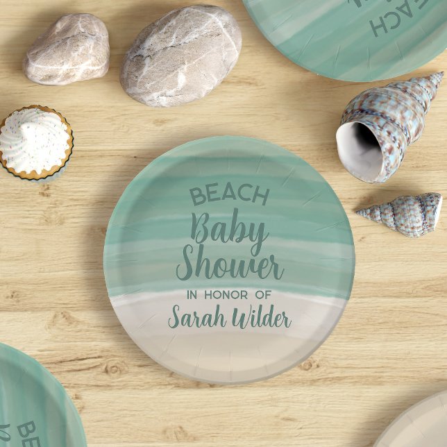 Prato De Papel Chá de fraldas de praia Oceano Aquarela (Perfect paper plate for your Beach Baby Shower. Just add your name. Beachy!)