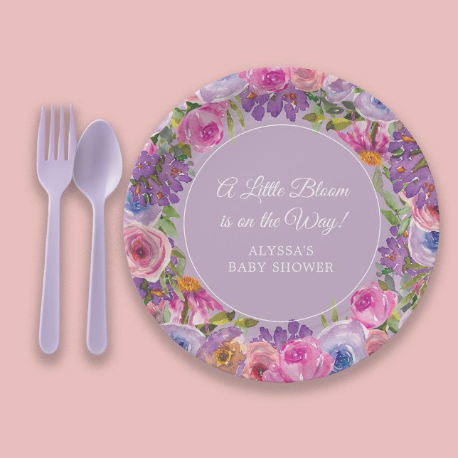 Prato De Papel Chá de fraldas de Sangue Floral Rosa Púrpura (Pink and purple watercolor floral "Little bloom" baby girl shower paper plate)
