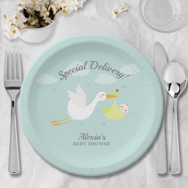 Prato De Papel Chá de fraldas do Pacote Bebê Amarelo Stork (Cute stork yellow baby bundle unisex baby shower paper plates)