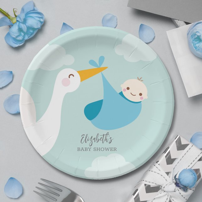 Prato De Papel Chá de fraldas do Pacote de Tempestade (Stork Blue Bundle Boy Baby Shower Paper Plates)