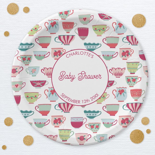 Prato De Papel Chá de fraldas do Tea Party Retro (Modern retro teacup baby shower tea party personalized paper plates)