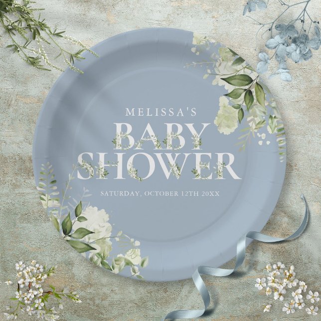 Prato De Papel Chá de fraldas Dusty Blue Greenery Boy (Dusty Blue Greenery Boy Baby Shower Paper Plates)