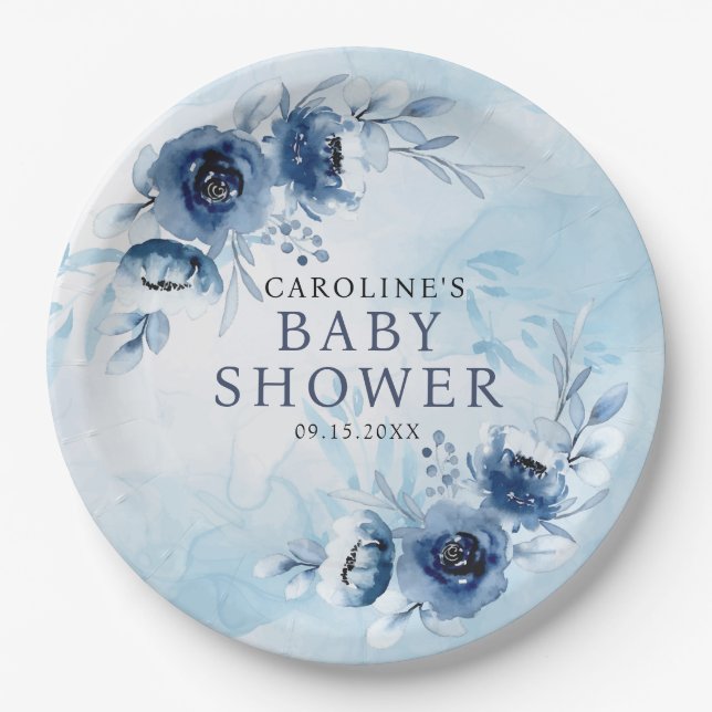 Prato De Papel Chá de fraldas Elegante Blue Flowers Boy (Frente)