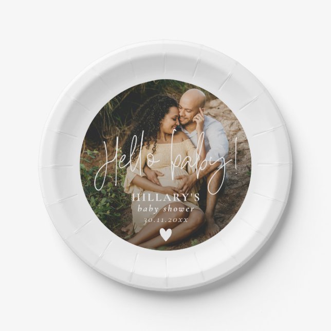 Prato De Papel Chá de fraldas Elegante de Caligrafia Olá bebê (Frente)