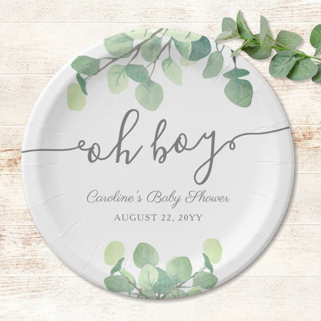 Prato De Papel Chá de fraldas Eucalyptus Oh Boy, verde moderno (Oh Boy! Eucalyptus Baby Boy Shower Paper Plates)
