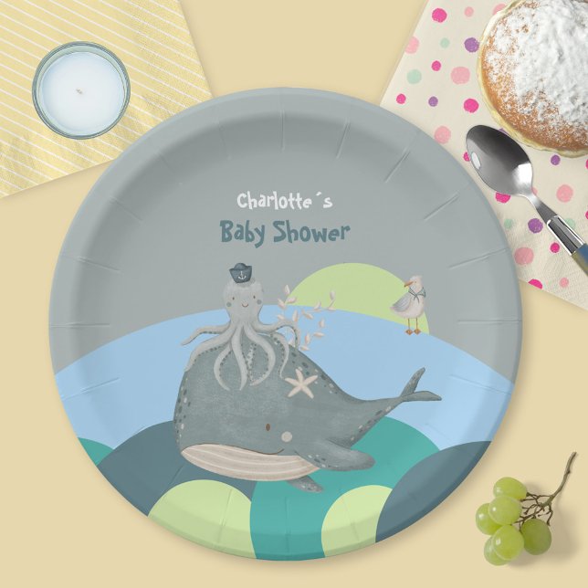 Prato De Papel Chá de fraldas Náutico de Baleia Azul Doce (Zazzle Sweet Blue Nautical Whale Baby Shower Paper Plates ©Susanne Sachers - Sunny Mind Design 🌞)