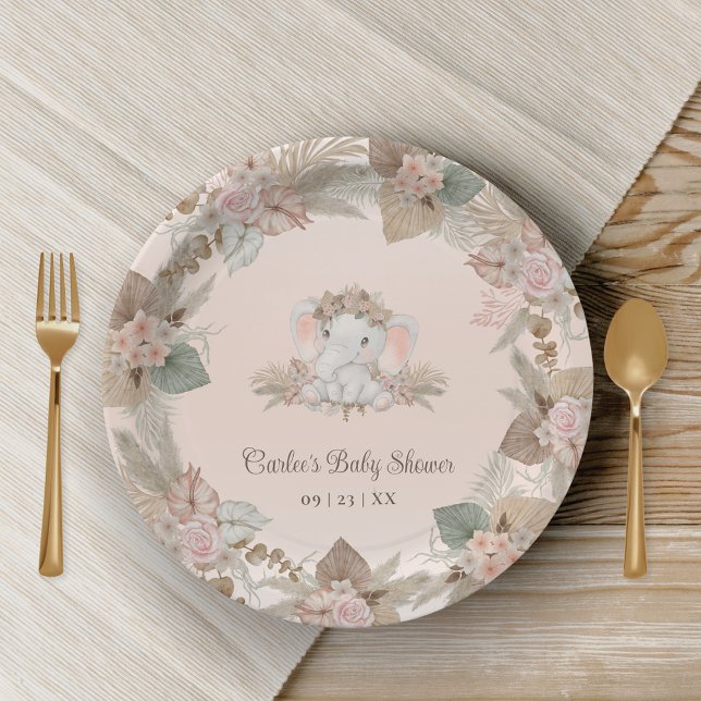 Prato De Papel Chá de fraldas Neutro do Elefante Moderno Boho (Cute Boho Elephant Paper Plates with Pampas Grass Floral Design)