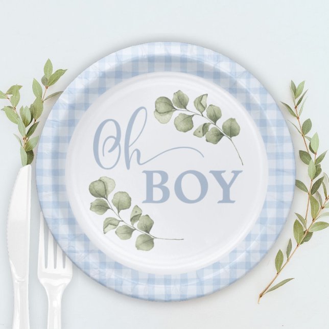 Prato De Papel Chá de fraldas Pastel Blue Gingham Baby Boy (Criador carregado)
