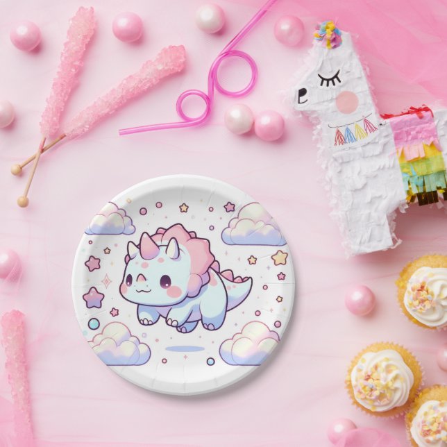 Prato De Papel Chá de fraldas Pastel Dino Dinossaur (Festa)