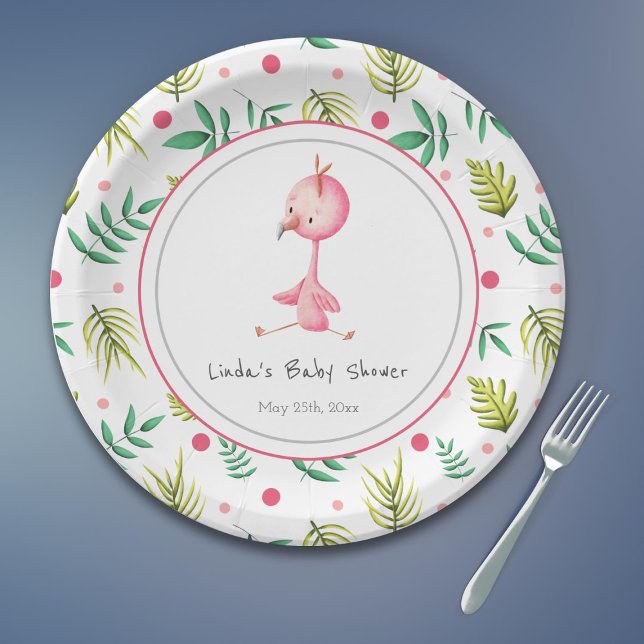 Prato De Papel Chá de fraldas Personalizado de Festa Flamingo (Tropical flamingo baby shower paper plates)