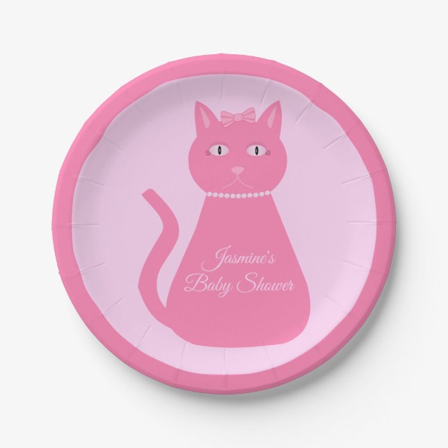 Prato De Papel Chá de fraldas Personalizado De Gata De Bebê Rosa  (Frente)