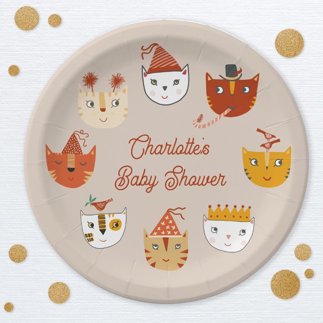 Prato De Papel Chá de fraldas Personalizado de Gato Gato Gato (Personalized cute kitty cat themed baby shower paper plate)