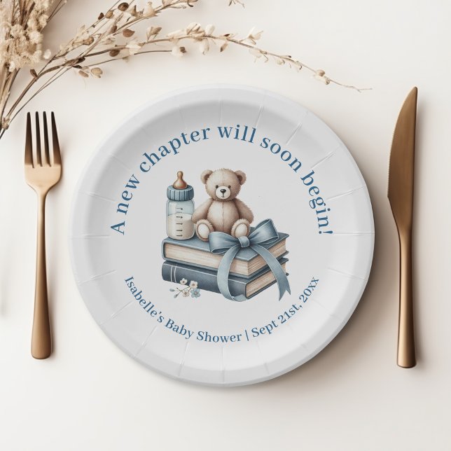 Prato De Papel Chá de fraldas Personalizado do Urso de Teddy Azul (Blue Boy Teddy Bear Personalized Baby Shower Paper Plates)