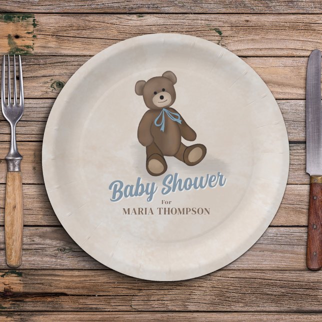 Prato De Papel Chá de fraldas Personalizado Do Urso De Teddy Azul (Baby Shower custom party paper plates.)