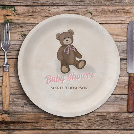 Prato De Papel Chá de fraldas Personalizado do Urso de Teddy Rosa
