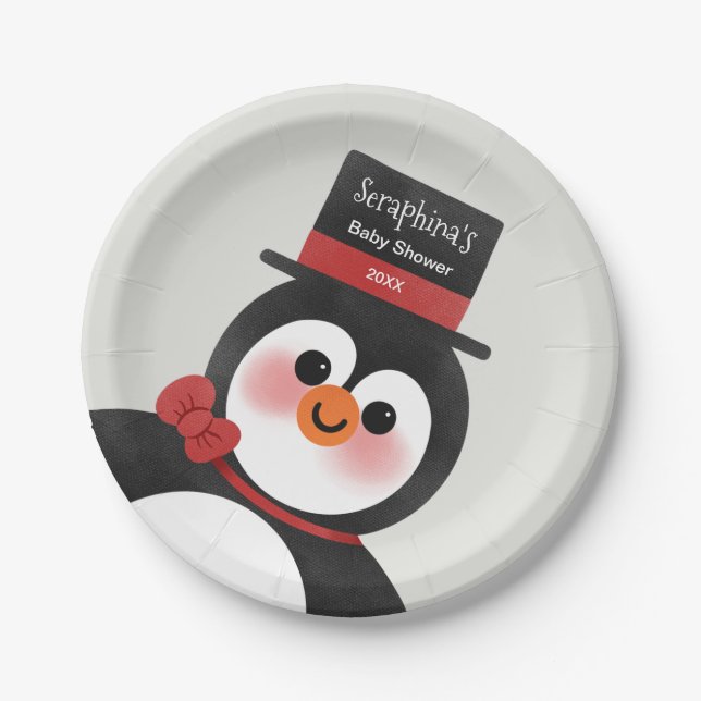Prato De Papel Chá de fraldas Personalizado Tuxedo Penguin de Nat (Frente)