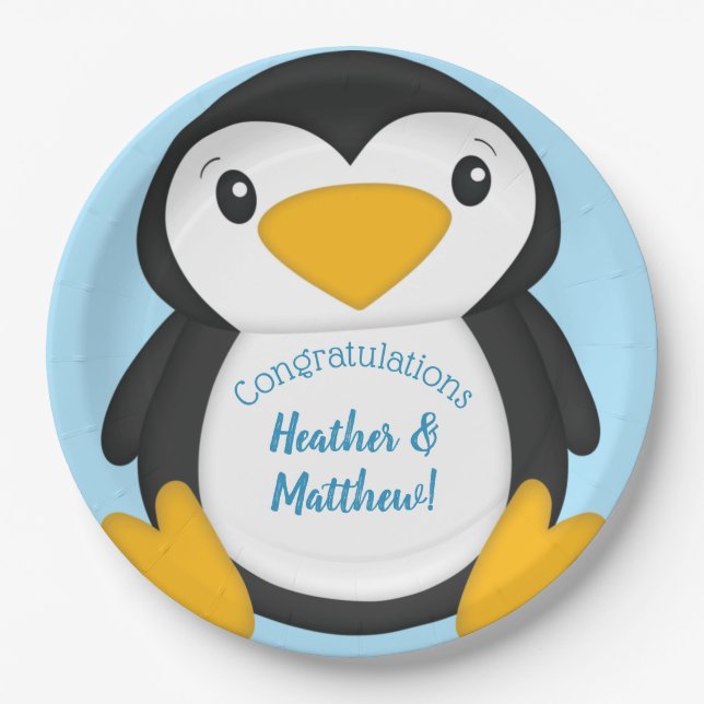 Prato De Papel Chá de fraldas pinguim azul (Frente)