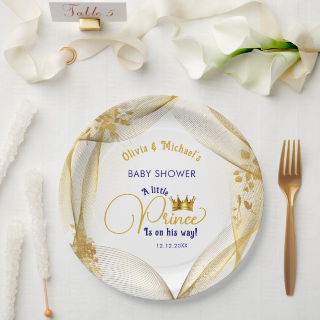 Prato De Papel Chá de fraldas Príncipe Dourado Real Azul (Casamento)