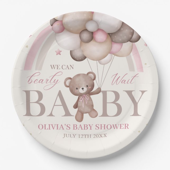 Prato De Papel Chá de fraldas rosa de espera do balão do urso de  (Frente)