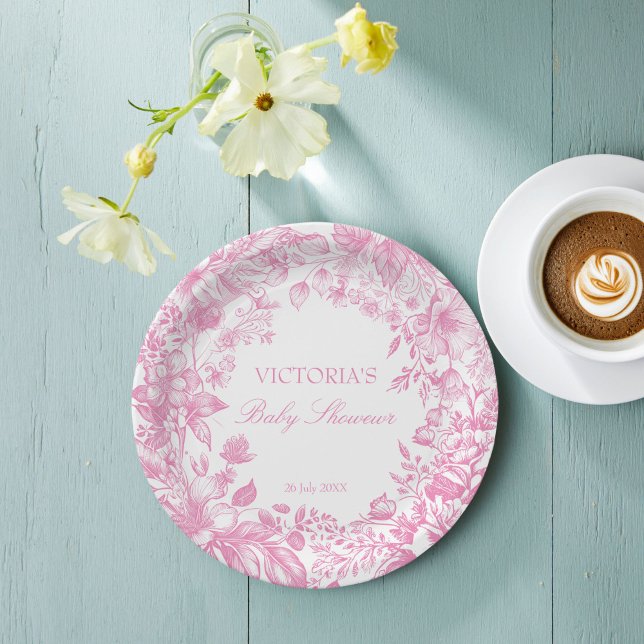 Prato De Papel Chá de fraldas rosa empoeirado Elegante (Elegant vintage botanical dusty pink baby shower printed paper plates personalized table decor)