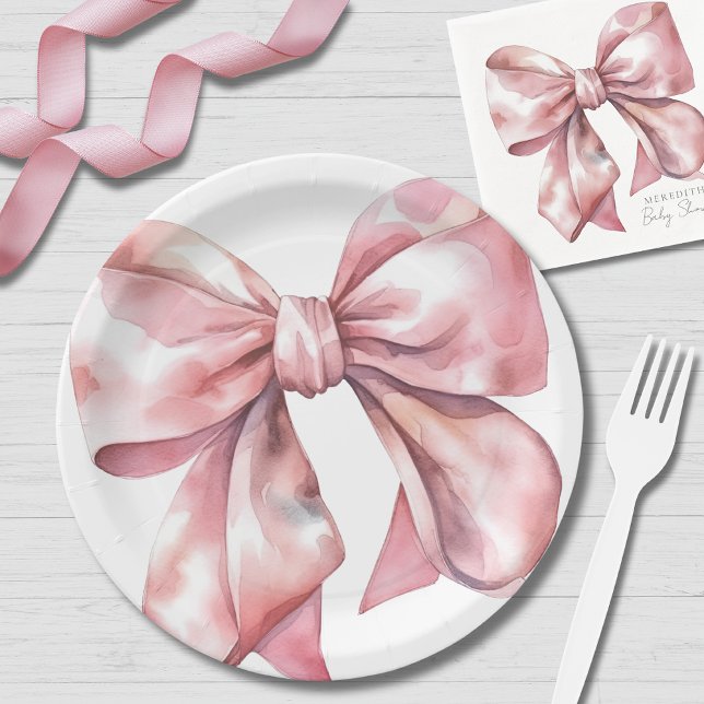 Prato De Papel Chá de fraldas Rosa Simples (Simple Pink Bow Baby Shower Paper Plates)