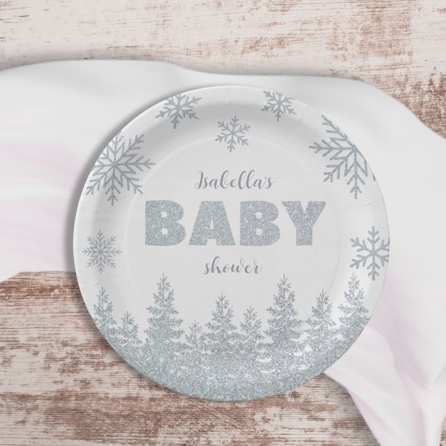 Prato De Papel Chá de fraldas Silver Silver Wonderland de inverno (Winter Wonderland Silver Glitter Baby Shower Paper Plates)