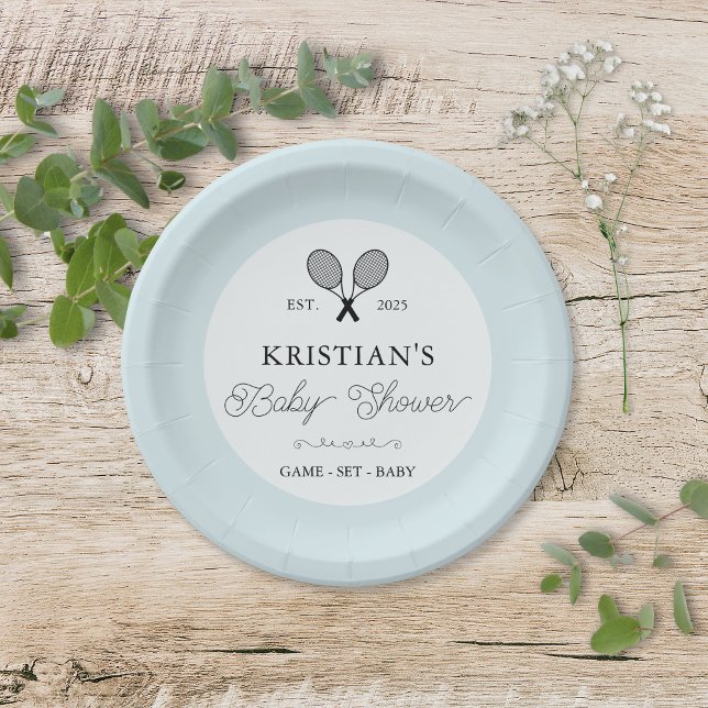 Prato De Papel Chá de fraldas Tema Tênis de Pré-disquete Azul (elegant blue tennis theme baby shower paper plates with personalized text for preppy chic events)