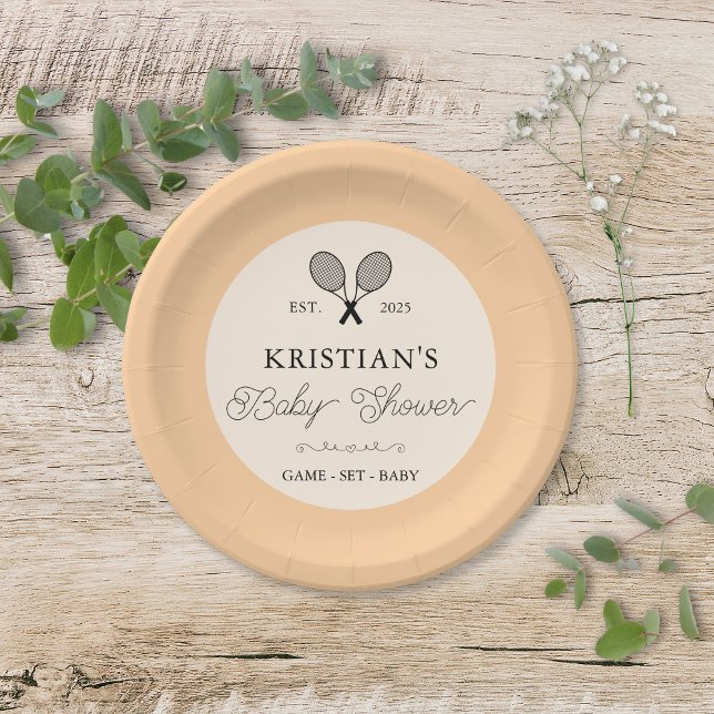 Prato De Papel Chá de fraldas Tema Tênis de Pré-Disquete Laranja (Orange preppy chic tennis theme baby shower paper plates for country club elegant event table decor)